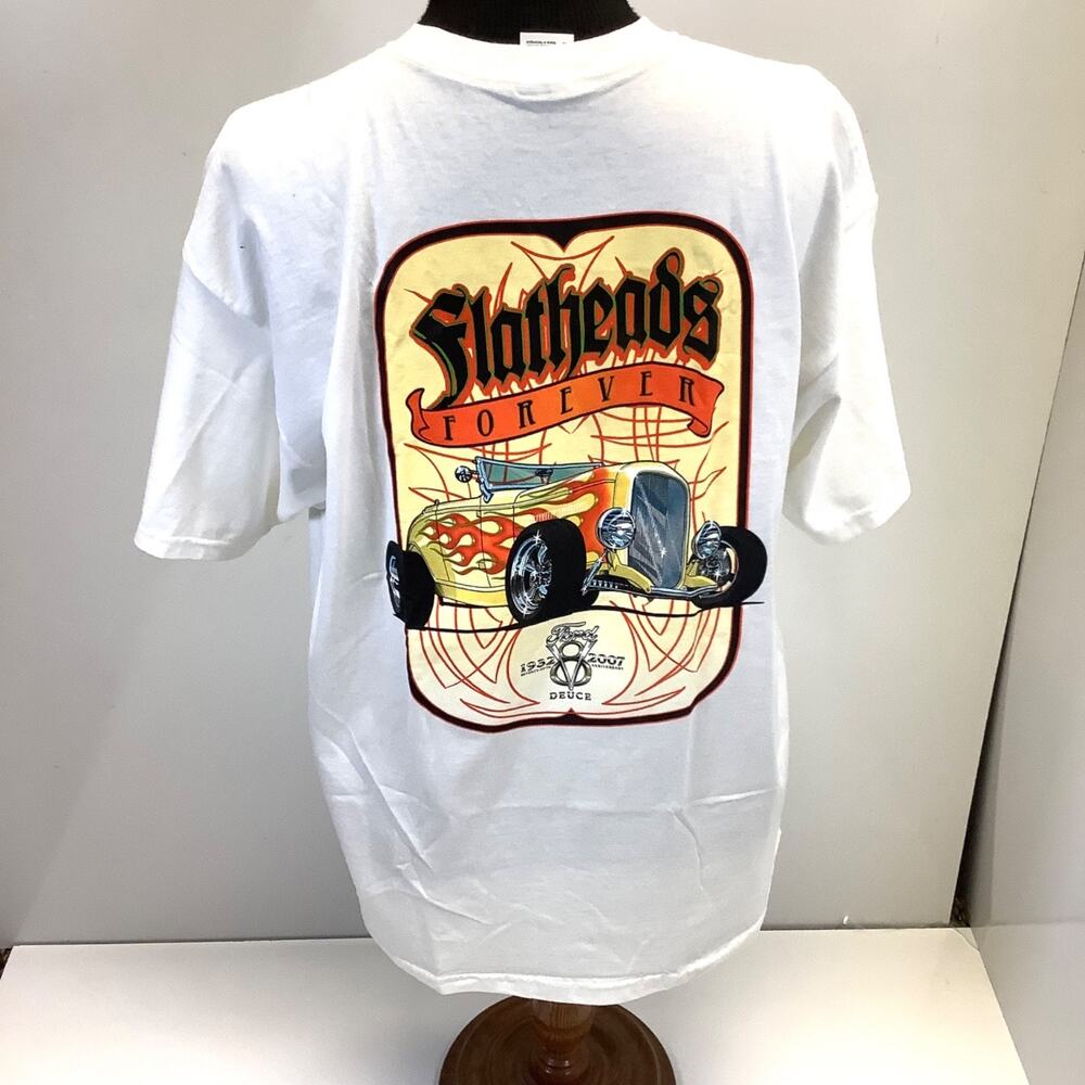 Flatheads Forever White Sz XL T-shirt Car Hot Rod Dragster Ford V8 Deuce 2007